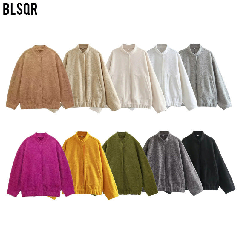 Women's Oversize Fleece Jacket with Stand-Up Collar, Patch Front Pockets, and Elastic Hem Mune Fashion