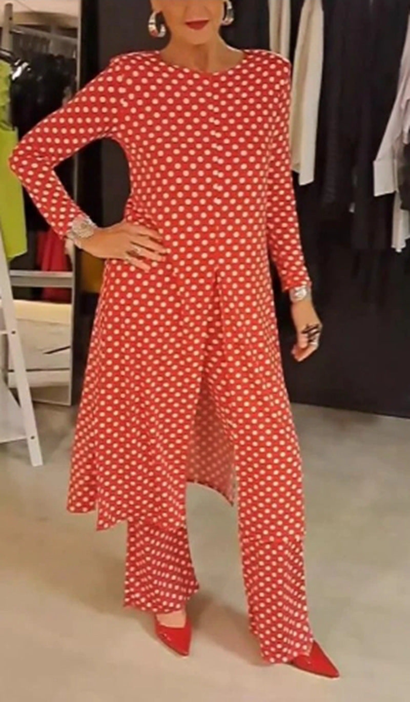 Women Nan Polka Dot Lounge Set with Long A-Line Tunic, Center Front Slit, and Wide Palazzo Pants Mune Fashion