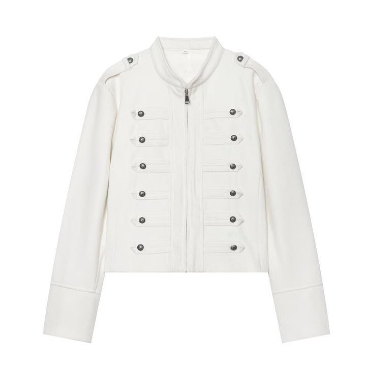 Women's Military Inspired Cropped Wool Blend Jacket with Decorative Button Placket and Stand-Up Collar Mune Fashion