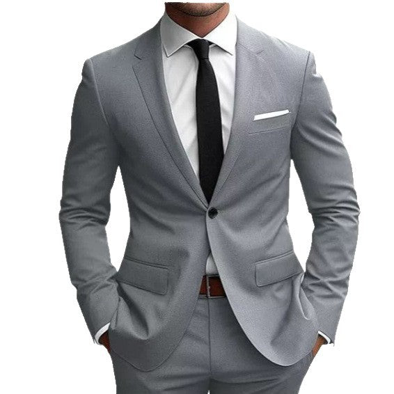 Men's fitted one-button suit set with notched lapels, French flap pockets, and slight stretch content Mune Fashion