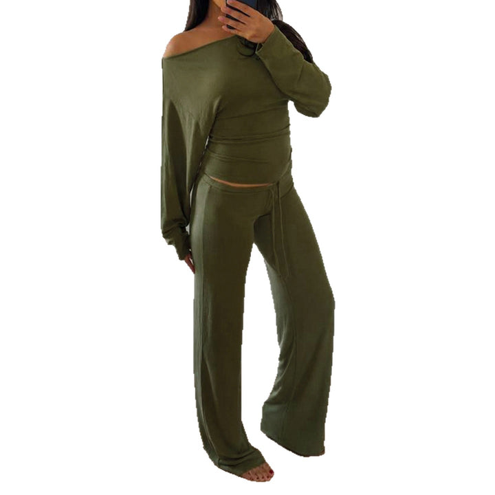 Women's Lounge Set with Off-Shoulder Stretch Top and Wide Drawstring Pants Mune Fashion