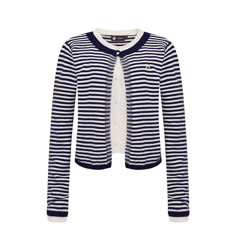 Women's Short Layered Cardigan with Round Neck and Fine Stripes Mune Fashion