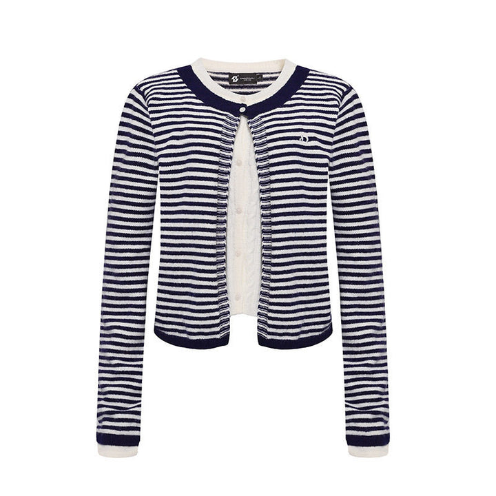 Women's Short Layered Cardigan with Round Neck and Fine Stripes Mune Fashion