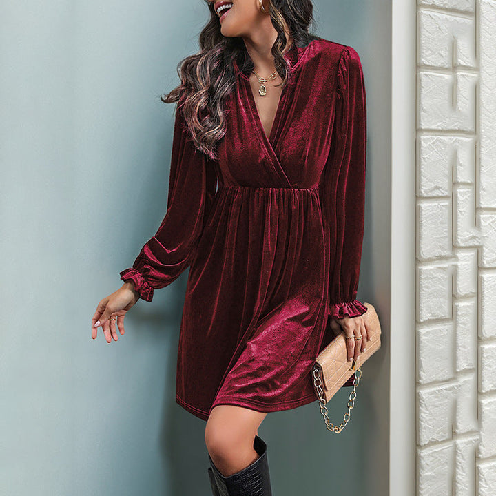 Women's Festive Velvet Mini Dress with Wrap V-Neck, Tailored Gathering and Voluminous Balloon Sleeves Mune Fashion
