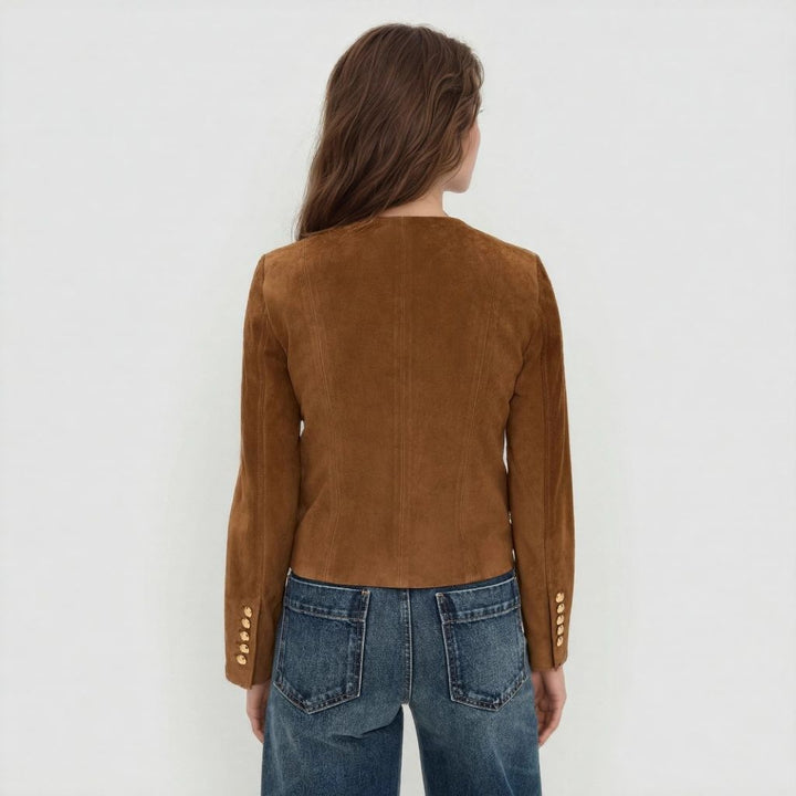 Women's Tailored Suede Look Jacket with Stand-Up Collar and Decorative Button Placket Mune Fashion