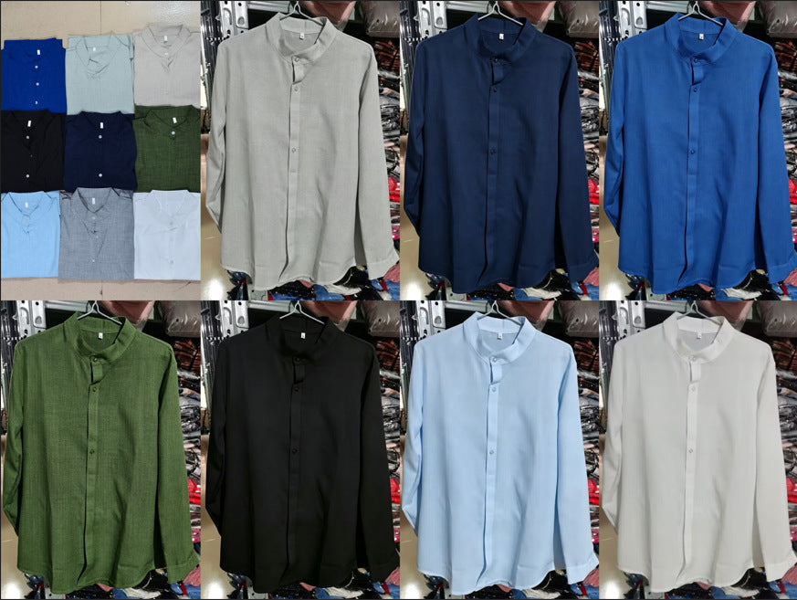Men's linen shirt with stand-up collar, continuous button placket, and casual slim-fit cut Mune Fashion