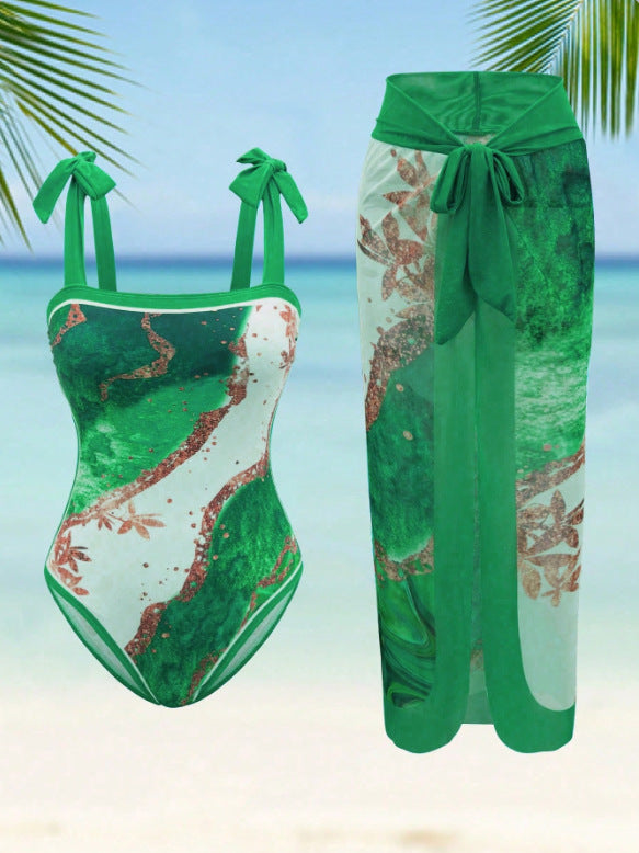 Women Elegant One-Piece Swimsuit with Matching Beach Skirt Mune Fashion