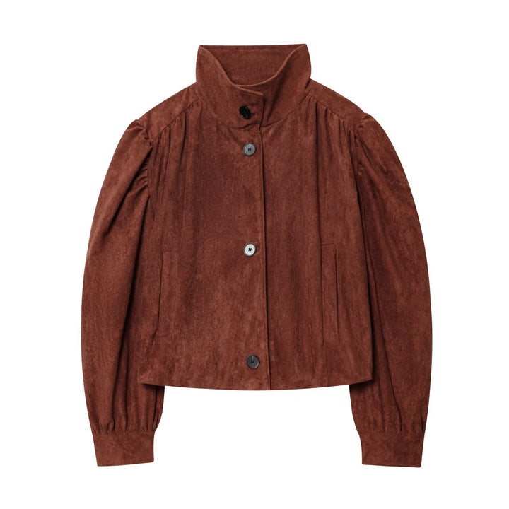 Women's short jacket made of faux suede with a stand-up collar, gathered balloon sleeves, and button placket Mune Fashion