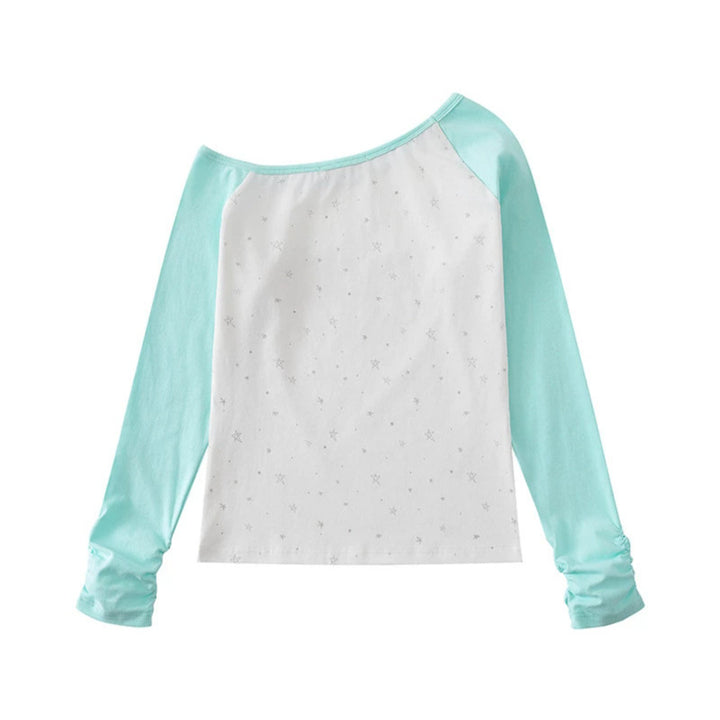 Women's raglan long-sleeve shirt with boat neck, star print, and gathered sleeves Mune Fashion