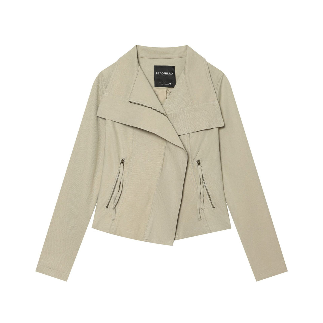 Ladies Asymmetrical Transitional Jacket with Wide Lapel and Drawstring Hood
