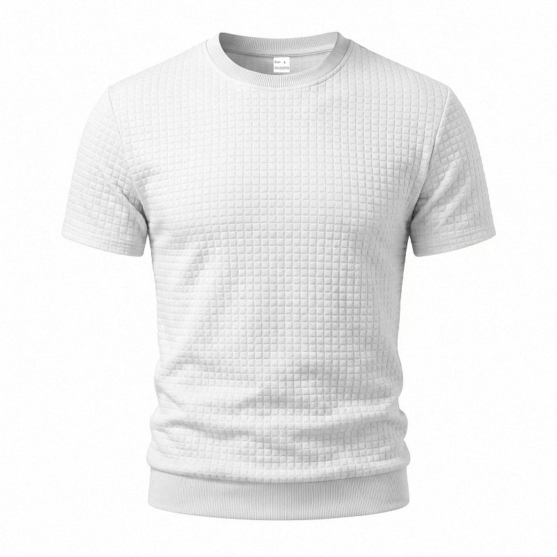 Men's short-sleeved knit shirt with embossed check structure, round neckline, and ribbed hem Mune Fashion