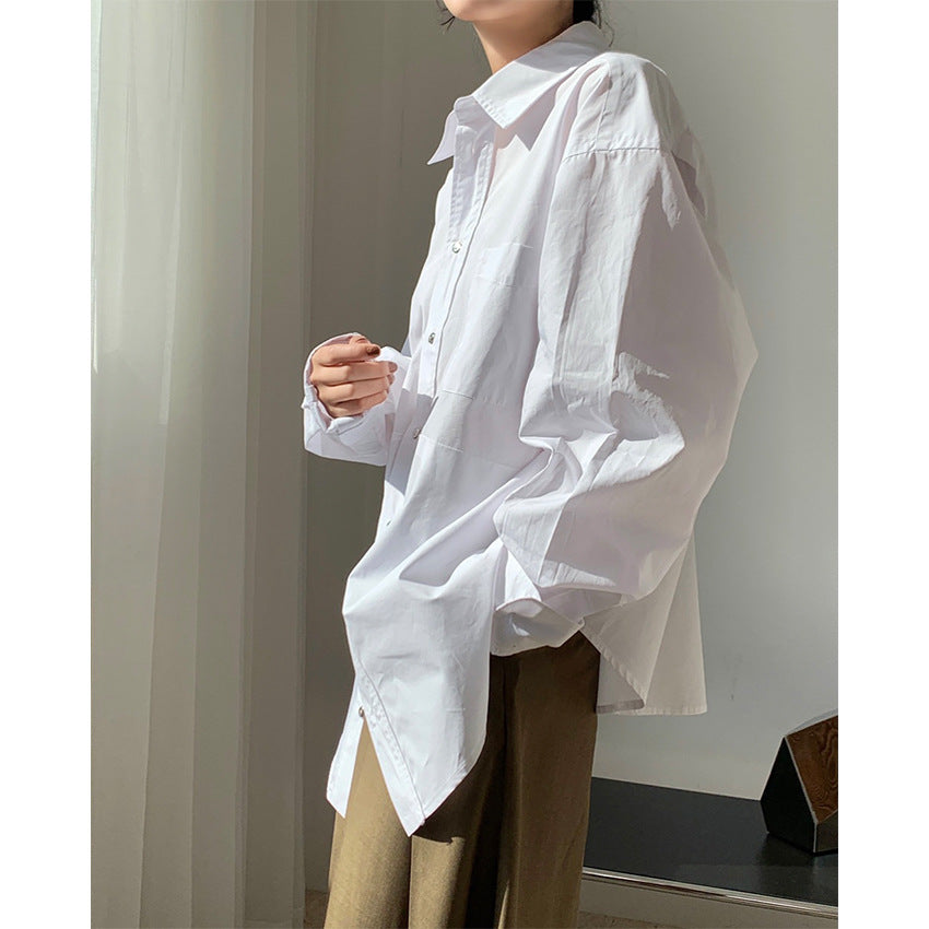 Women's Oversize Longline Shirt with Asymmetrical Hem and Boxy Poplin Silhouette Mune Fashion