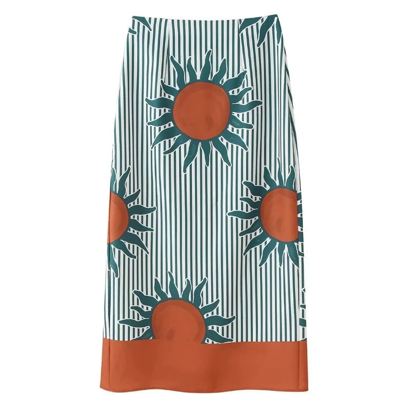 Women's Midi Skirt Wrap Skirt with Sun Print, Vertical Stripes and Button Closure Mune Fashion