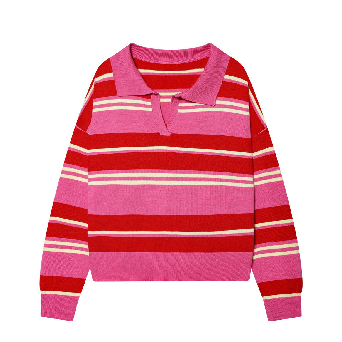 Women's striped fine knit polo sweater with button placket, ribbed cuffs, and light wool blend Mune Fashion