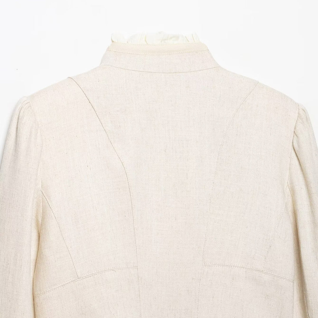Women Cropped Jacket with Stand Collar, Pleated Sleeves and Ruffle Trim Mune Fashion