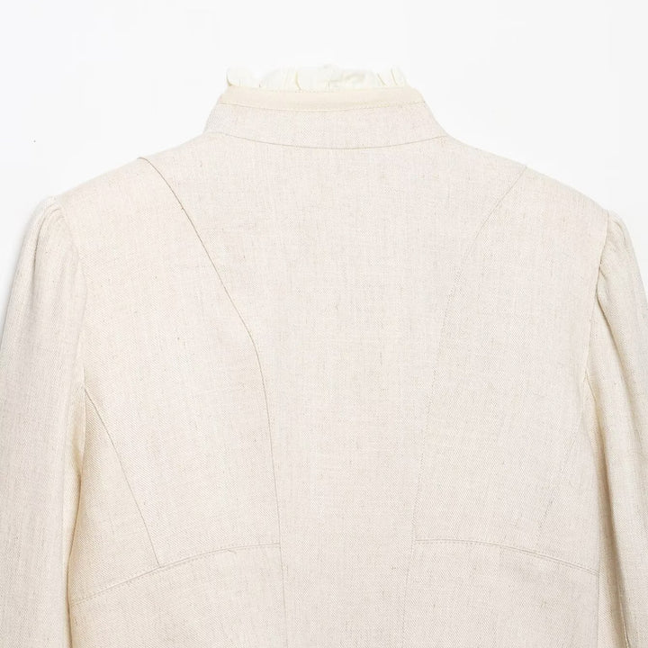 Women Cropped Jacket with Stand Collar, Pleated Sleeves and Ruffle Trim Mune Fashion