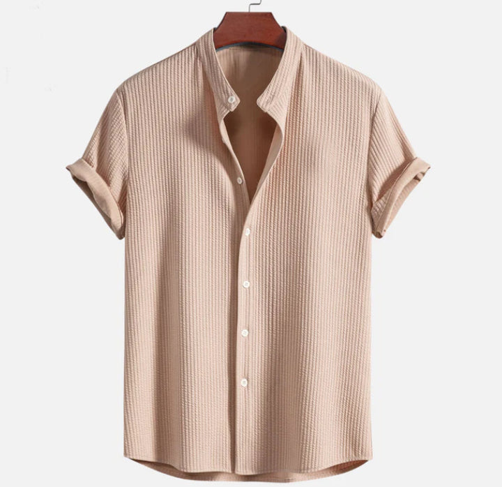 Men's Short Sleeve Structured Shirt with Stand Collar and Rolled-Up Sleeves Mune Fashion