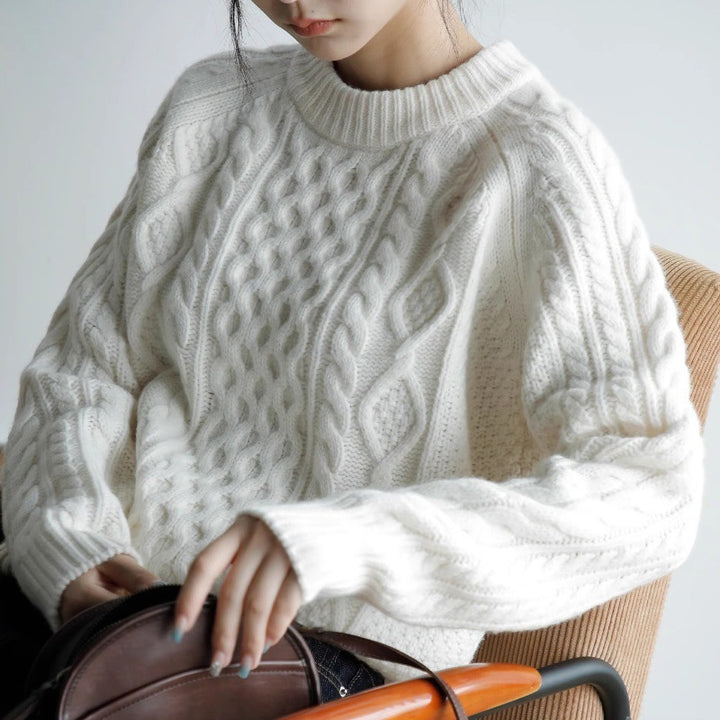 Women's Structured Cable Knit Sweater Made of Merino Blend with Ribbed Finishes and Boxy Fit Mune Fashion