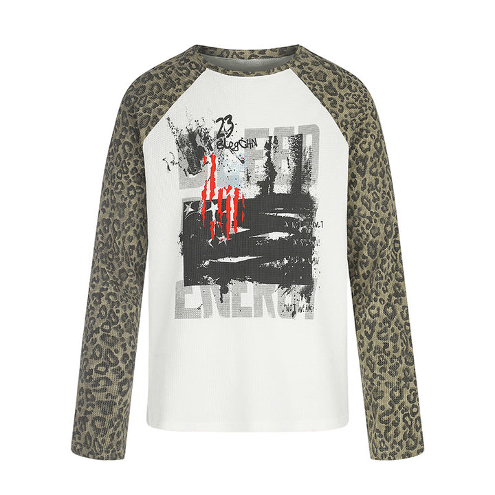 Women's raglan long sleeve shirt with leopard print sleeves and abstract graphic print Mune Fashion