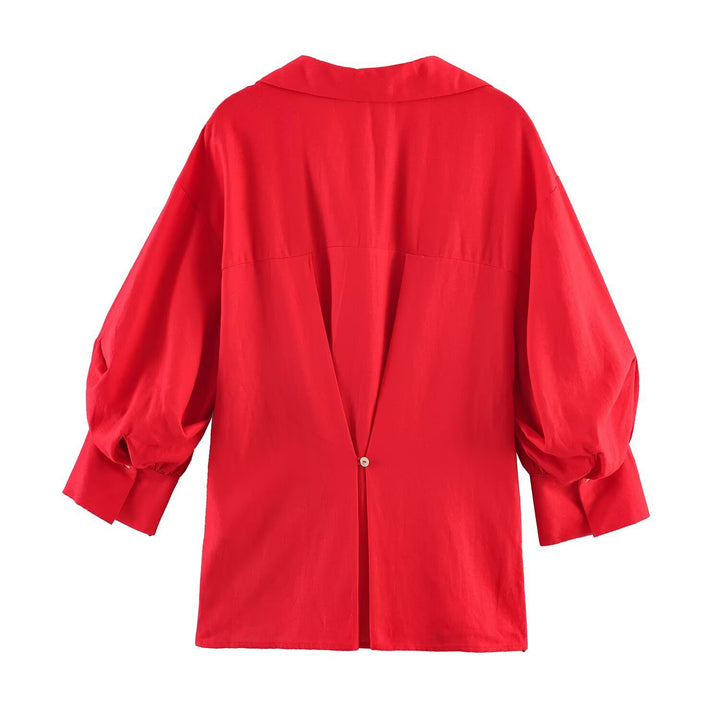 Women Oversize Blouse with Balloon Sleeves and Shirt Collar Mune Fashion