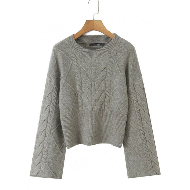 Women's Short-Cut Braided Knit Sweater with Wide Sleeve and Ribbed Hem Mune Fashion