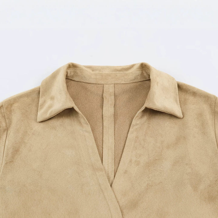 Women's Oversize Suede Look Jacket with Deep V-Neck and Shirt Collar