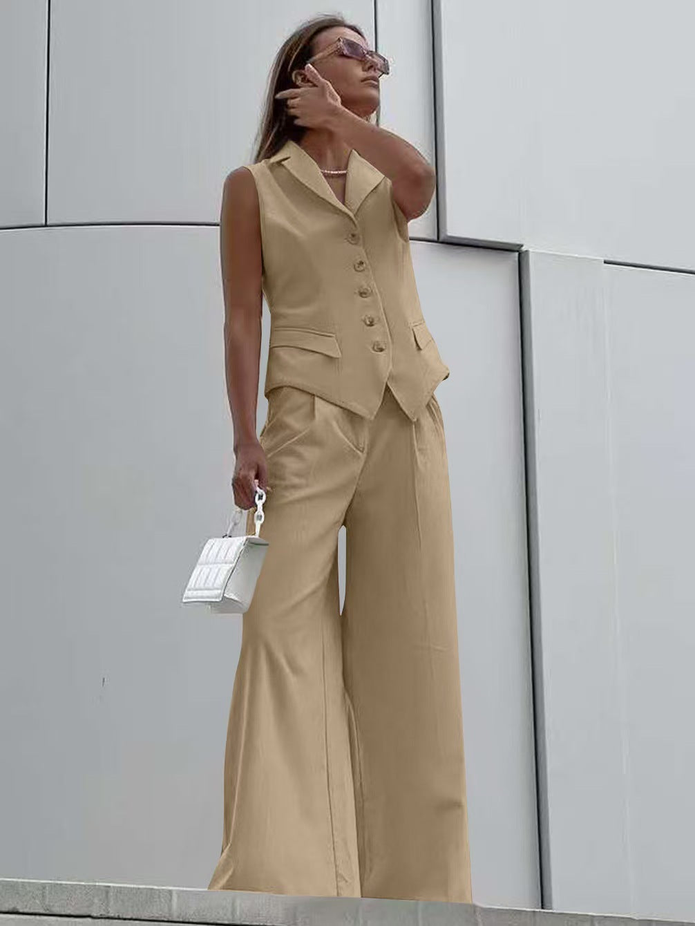 Women Sleeveless Tailoring Two-Piece with Fitted Vest and Wide Marlene Pants Mune Fashion