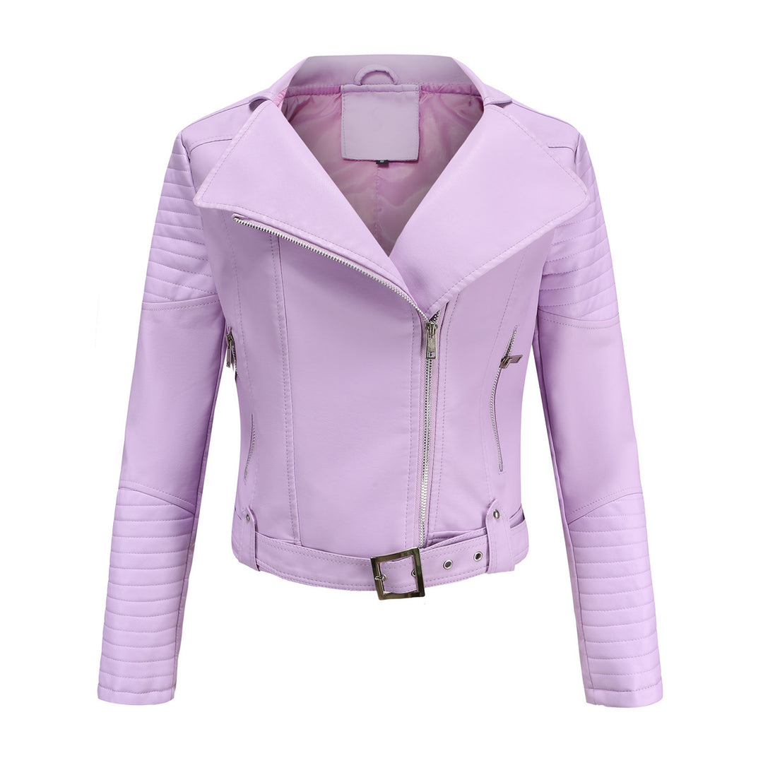 Women's cropped motorcycle jacket in biker look with asymmetric zipper and quilted sleeve part Mune Fashion