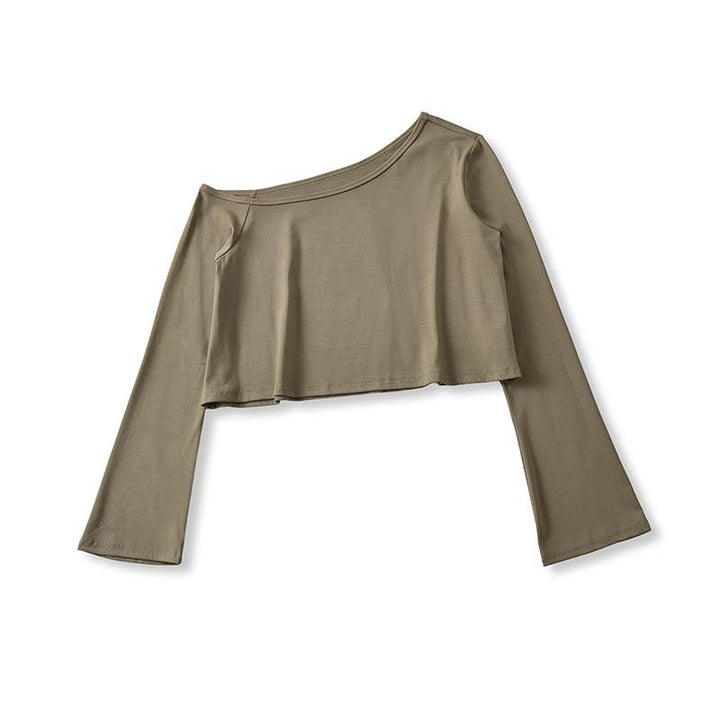 Women's Cropped Off-Shoulder Long Sleeve with Flared Trumpet Sleeves made of Jersey Mune Fashion