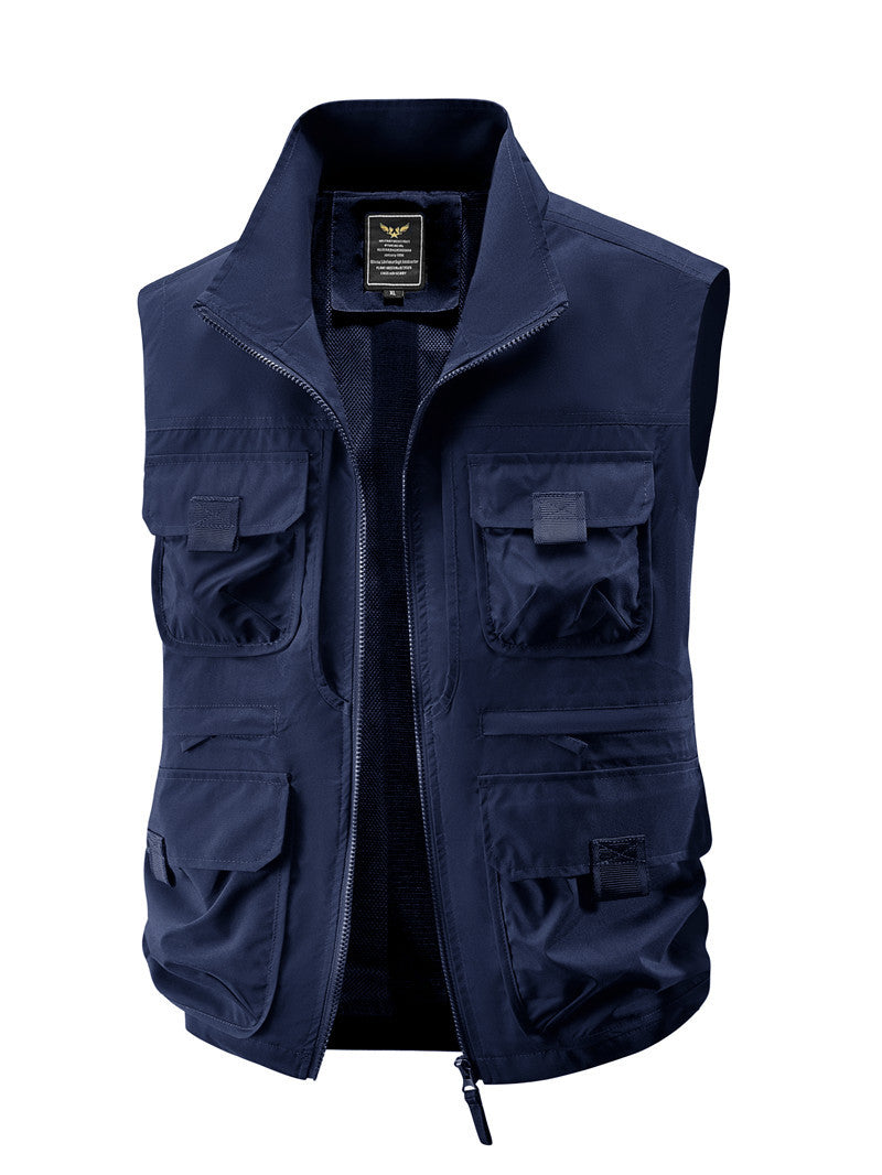 Men's Multi-Pocket Utility Vest with High Collar Two-Way Zipper & Mesh Lining Mune Fashion