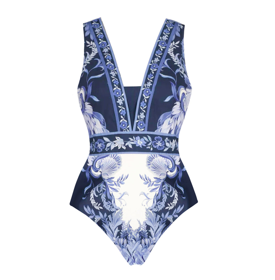 Women One-Piece Swimsuit with Floral Design and V-Neck Mune Fashion
