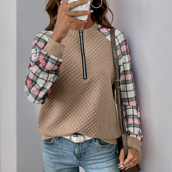 Women's Quilted Raglan Sweatshirt with Half Zipper and Checkered Sleeves Mune Fashion
