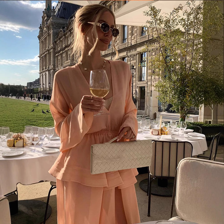 Women Two-Piece Chiffon Set with V Neck, Voluminous Sleeves and Pleated Maxi Skirt Mune Fashion