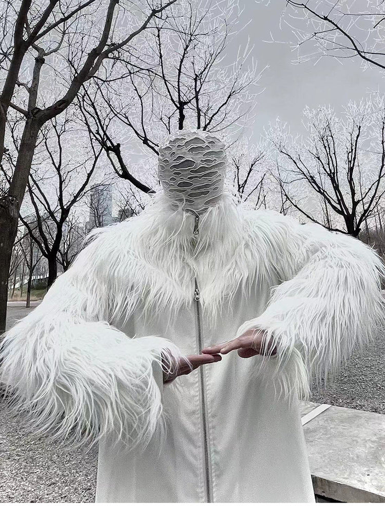 Men's Statement Faux Fur Jacket with Long Shaggy Sleeves and Asymmetrical Zipper Mune Fashion