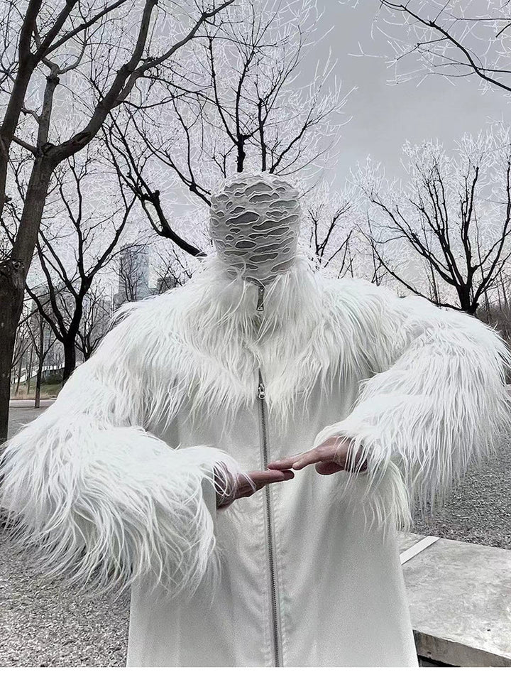 Men's Statement Faux Fur Jacket with Long Shaggy Sleeves and Asymmetrical Zipper Mune Fashion