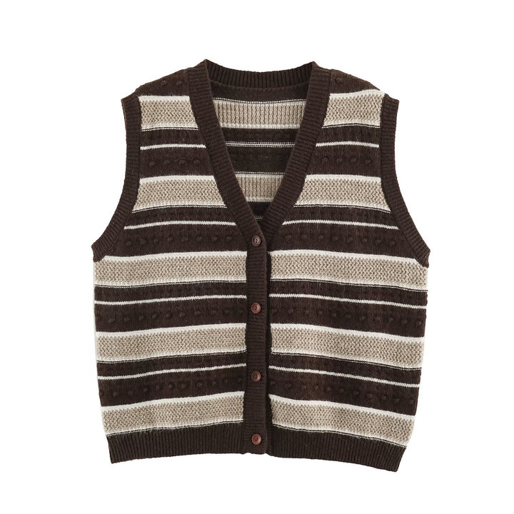 Women's fine knitted vest with V-neck, textured stripes and button placket Mune Fashion