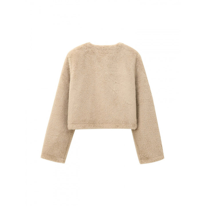 Women's Cropped Teddy Jacket with Straight Hem, Round Neck and Horn Button Closure Mune Fashion