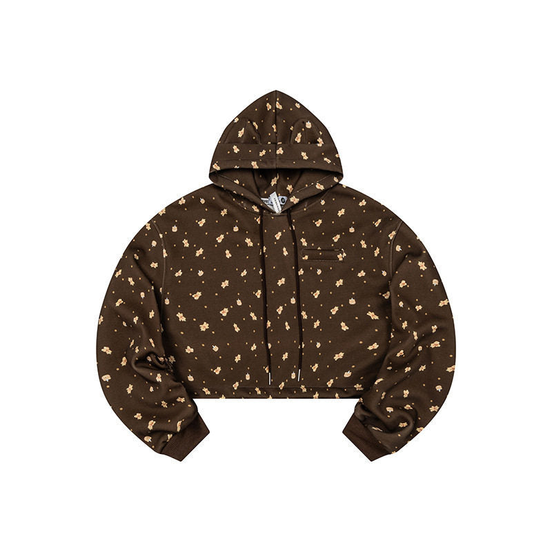 Women's Cropped Hoodie Sweatshirt with Allover Floral Print, Chest Pocket and Ruffled Hem Mune Fashion