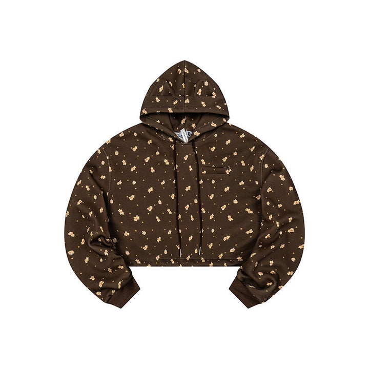 Women's Cropped Hoodie Sweatshirt with Allover Floral Print, Chest Pocket and Ruffled Hem Mune Fashion