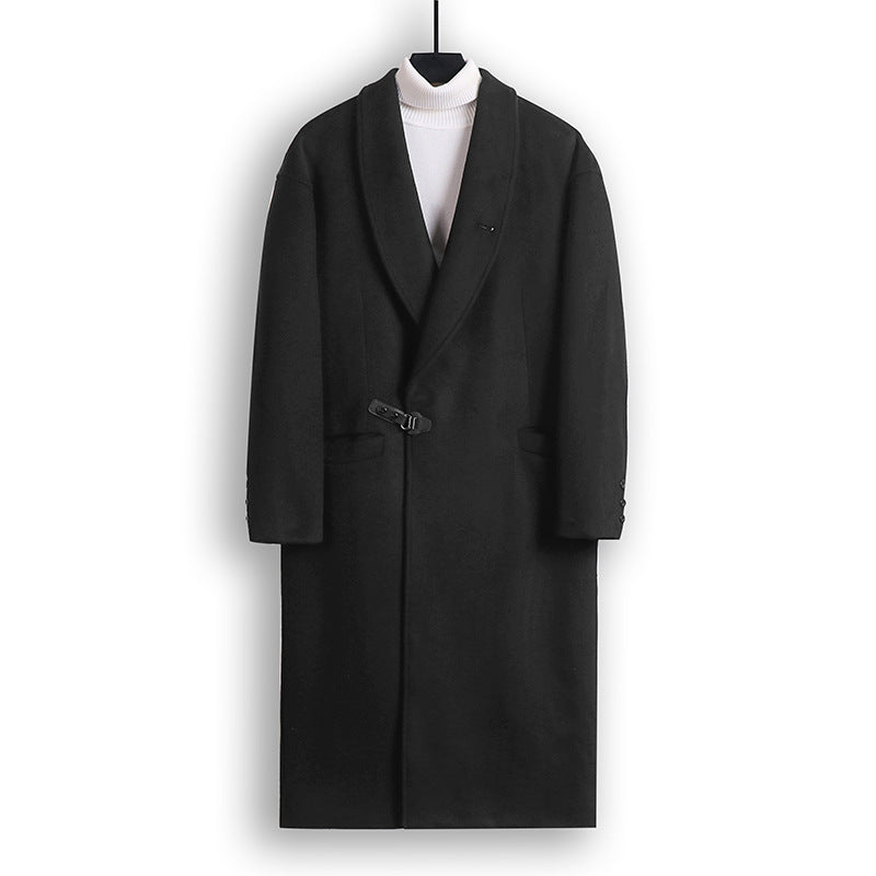 Men's Floor-Length Wool Blend Coat with Wide Shawl Collar and Decorative Toggle Closure Mune Fashion
