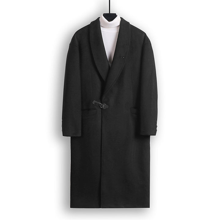 Men's Floor-Length Wool Blend Coat with Wide Shawl Collar and Decorative Toggle Closure Mune Fashion