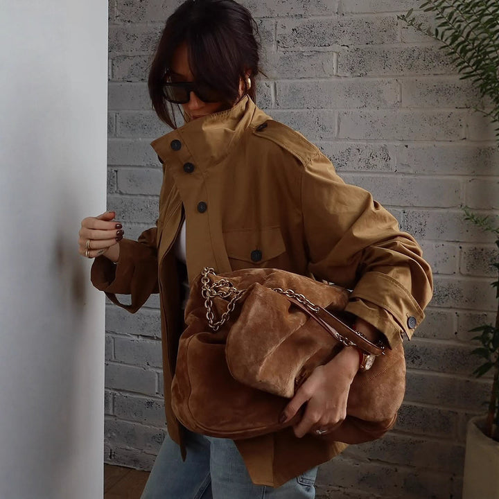 Ladies Lightweight Cotton Field Coat with Stand-up Collar, Shoulder Straps & Applied Flap Pockets Mune Fashion