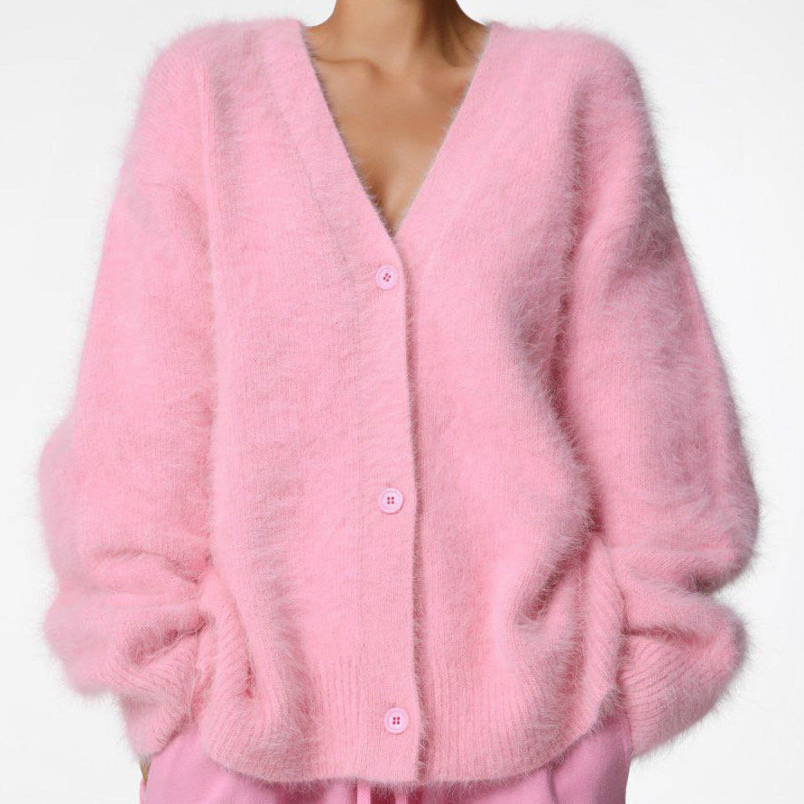 Women's Cozy Oversized Cardigan made of Teddy Knit with Deep V-Neck Mune Fashion