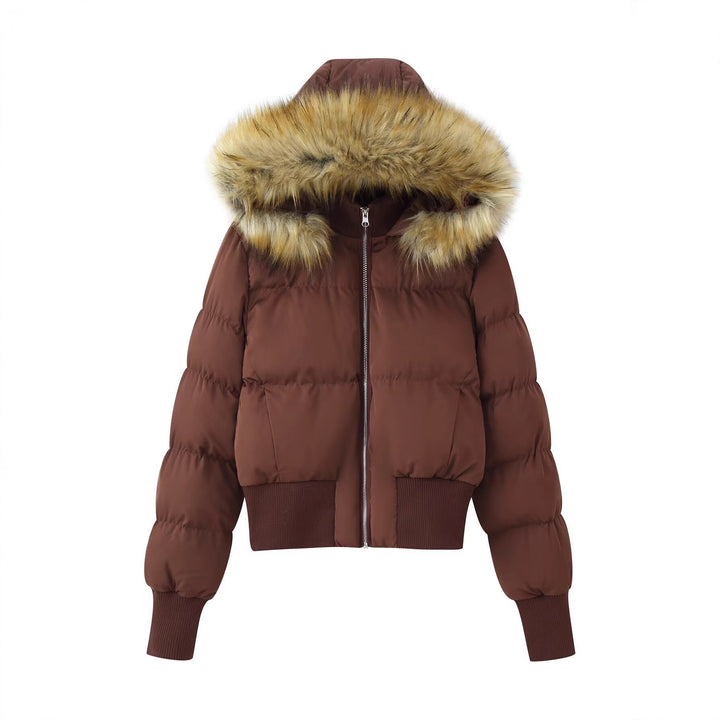 Women's Padded Cropped Bomber Jacket with Hood and Removable Faux Fur Trim Mune Fashion
