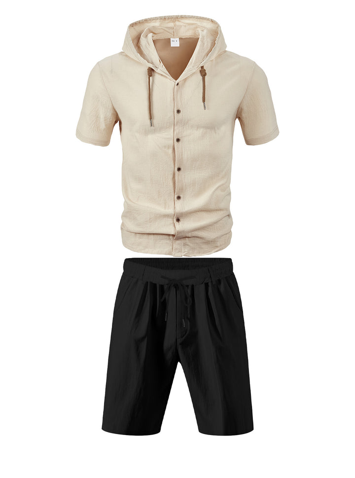 Men's lightweight summer hoodie in linen look with continuous button placket and drawstring Mune Fashion