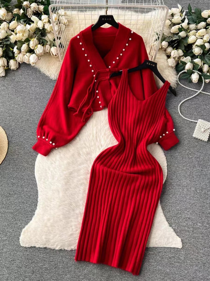 Ladies Elegant Knit Set with Rib Design Mune Fashion