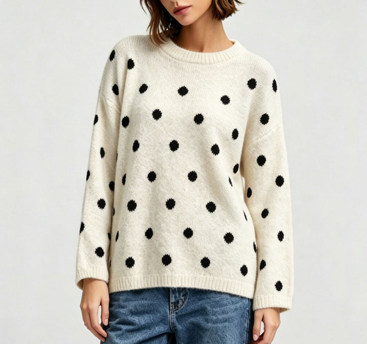 Women's Oversized Knit Sweater with Subtle Dot Pattern and Round Neckline Mune Fashion
