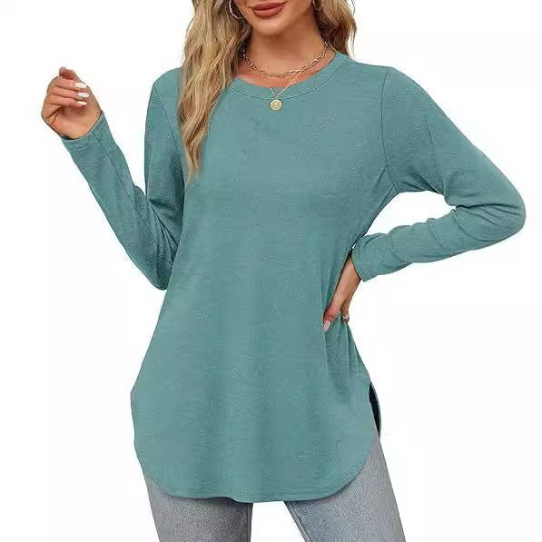 Women's Casual Long Sleeve Tunic Top with Round Neck, Side Slits and Watercolor Leaf Print Mune Fashion