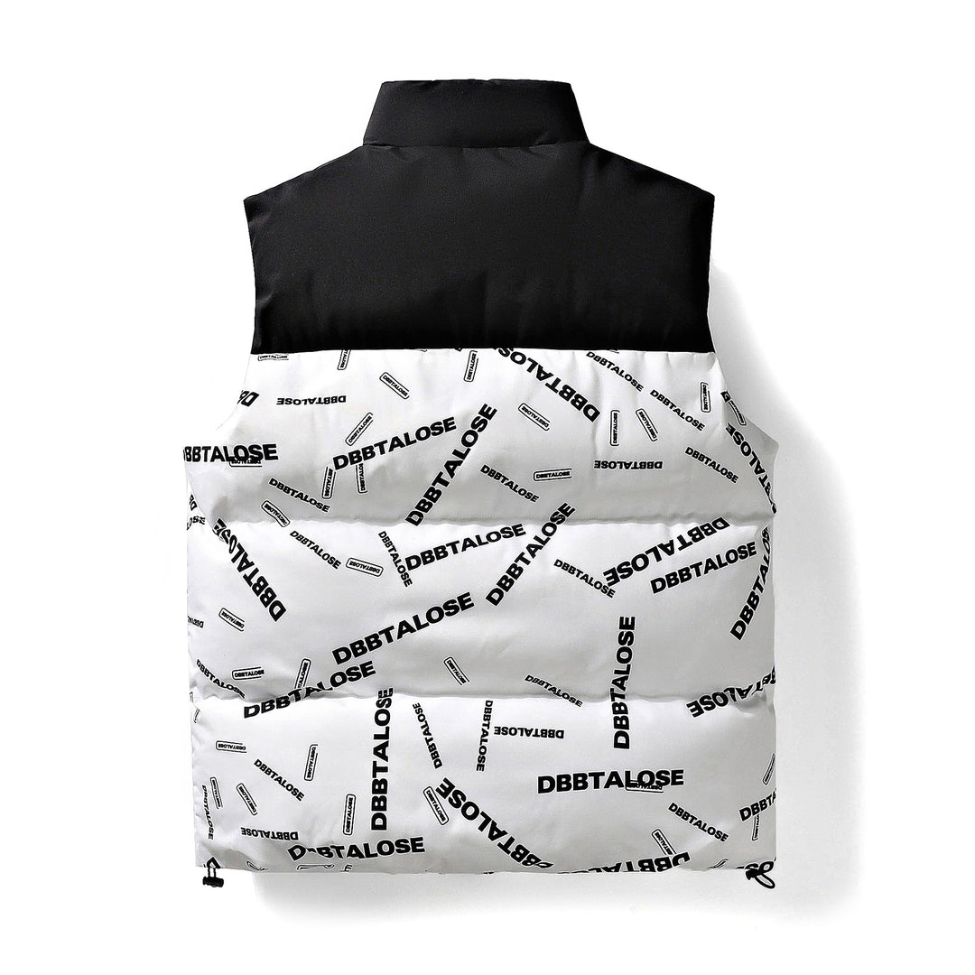 Men's Padded Quilted Vest with High Collar Allover Logo Print & Drawstring Hem Mune Fashion