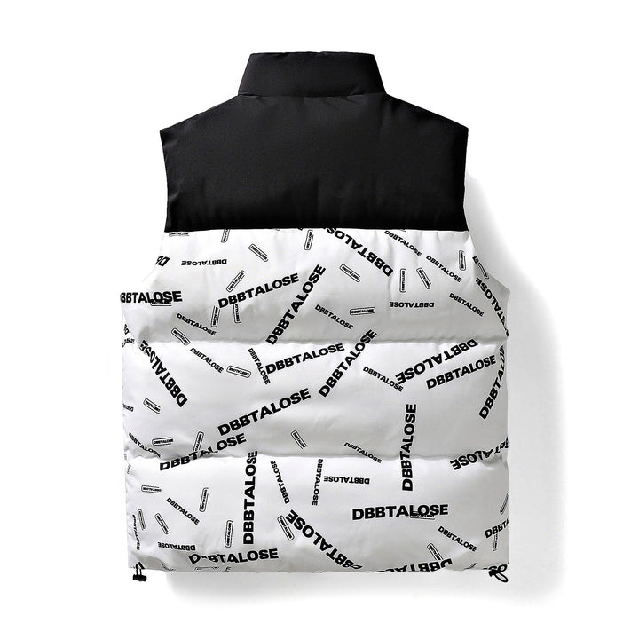 Men's Padded Quilted Vest with High Collar Allover Logo Print & Drawstring Hem Mune Fashion